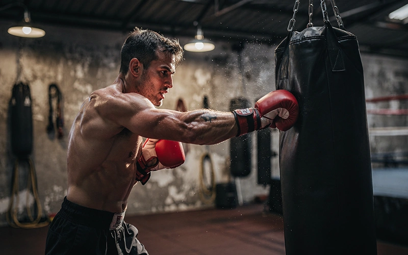 Boxer beim intensiven Training am Sandsack
