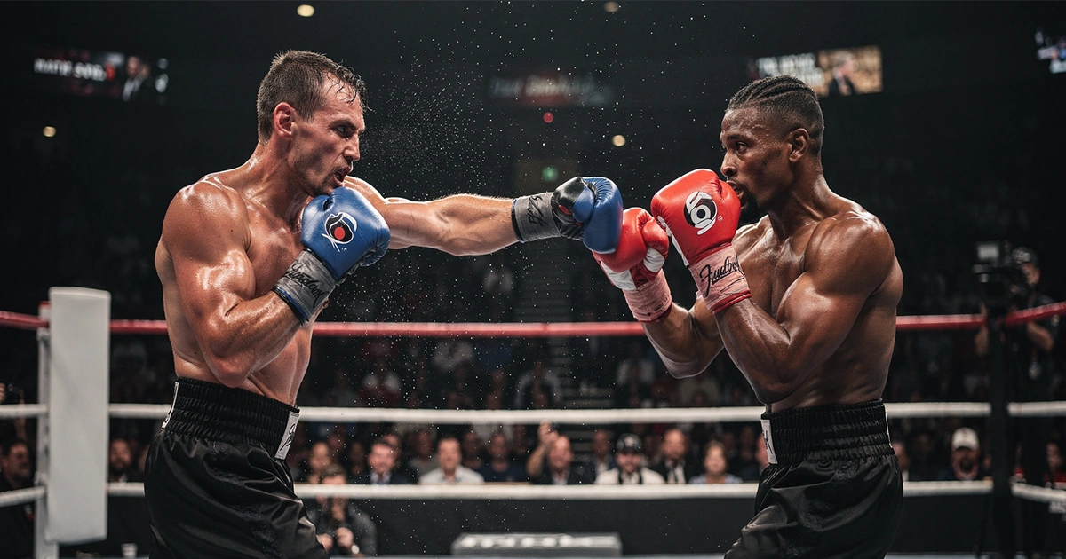 Zwei Boxer im Schlagabtausch während eines Titelkampfs