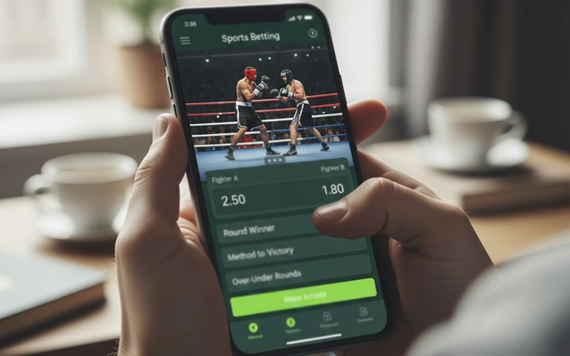 Smartphone mit Sportwetten-App für Boxkämpfe