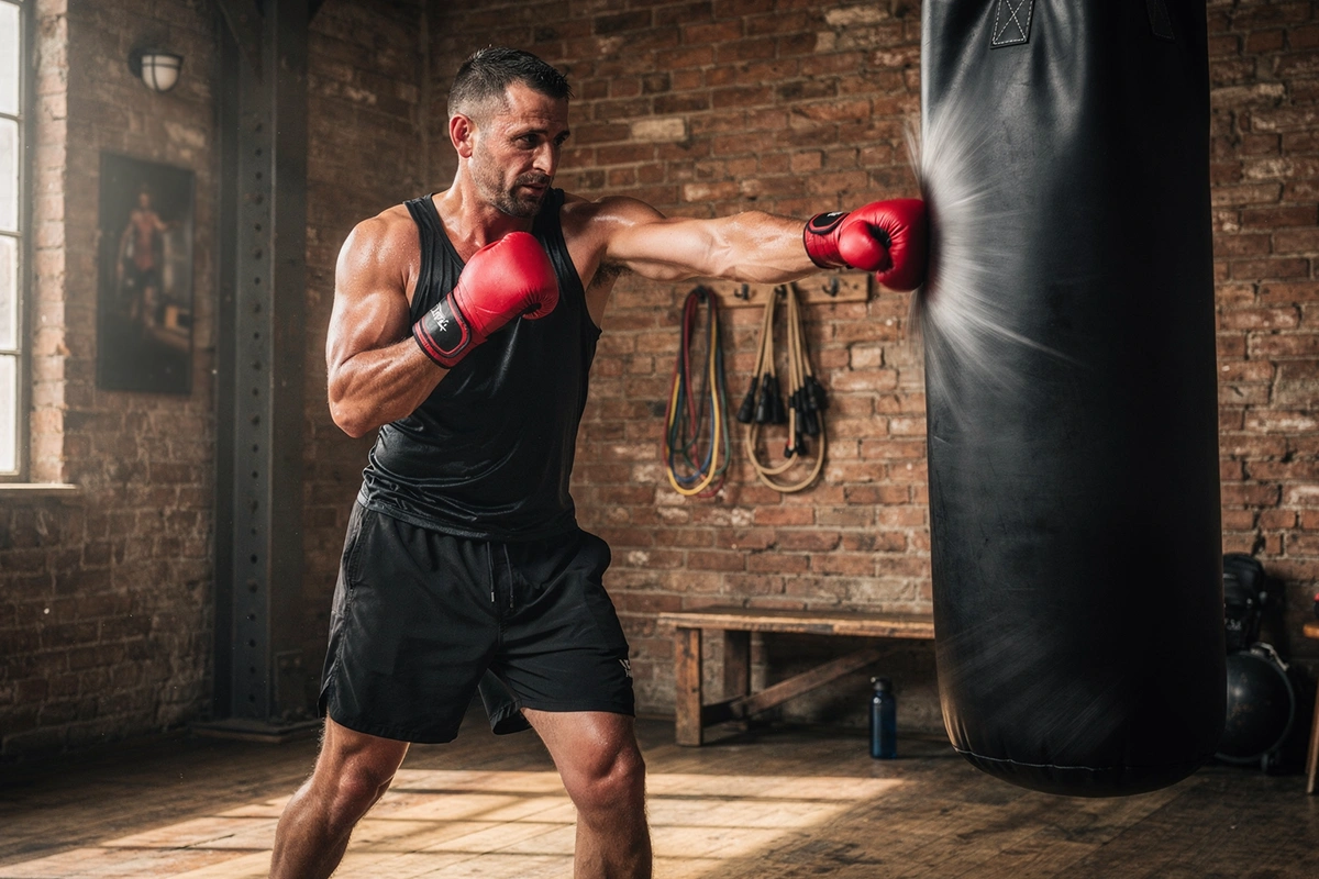 Deutscher Profiboxer beim intensiven Training am Sandsack im Fitnessstudio