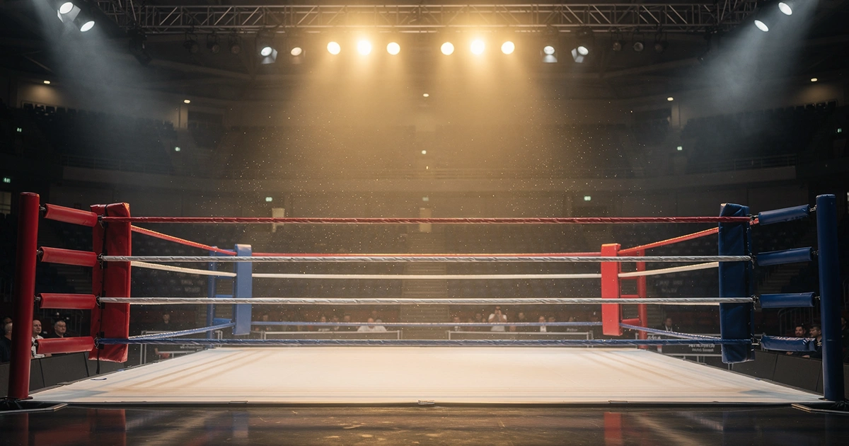 Professioneller Boxring mit dramatischer Beleuchtung vor einem wichtigen Kampf