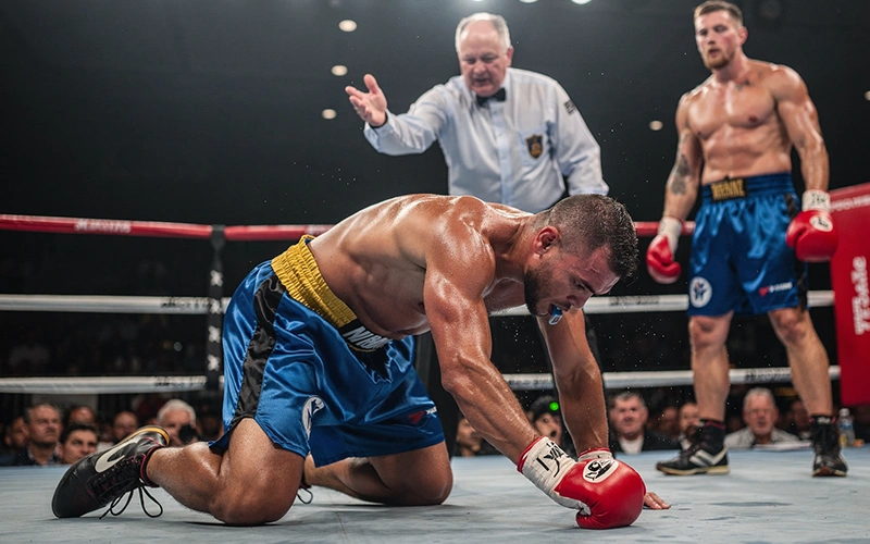 Boxer geht nach Treffer zu Boden im Ring