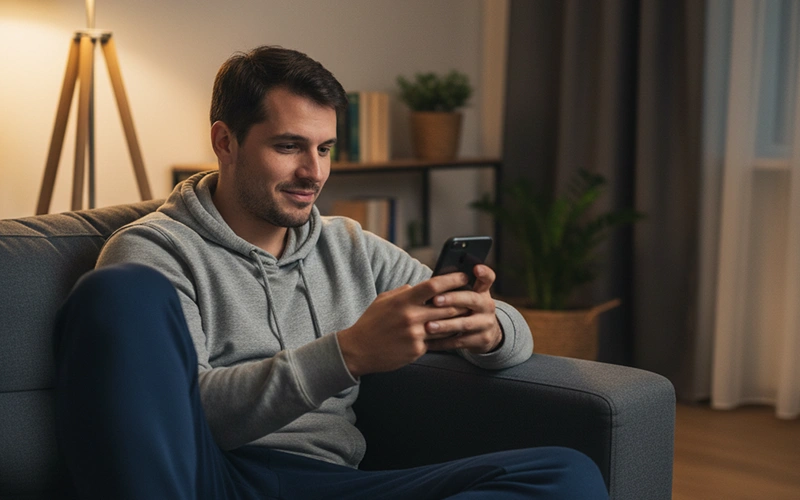 Mann nutzt mobile Wett-App auf dem Smartphone