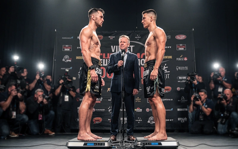 Boxer vor dem Kampf beim Wiegen mit Spannung