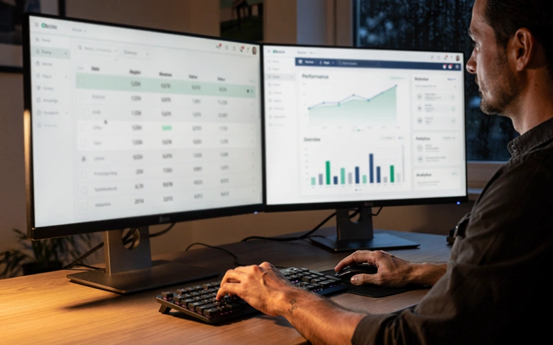 Person vergleicht Wettquoten auf mehreren Bildschirmen