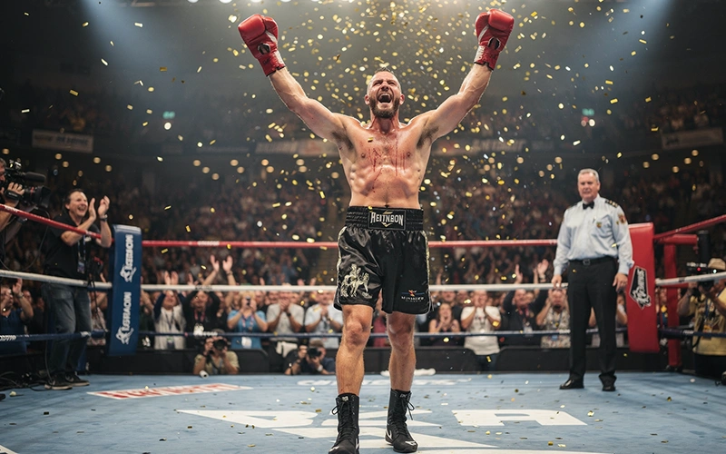 Erfolgreicher Boxer feiert seinen Sieg im Ring