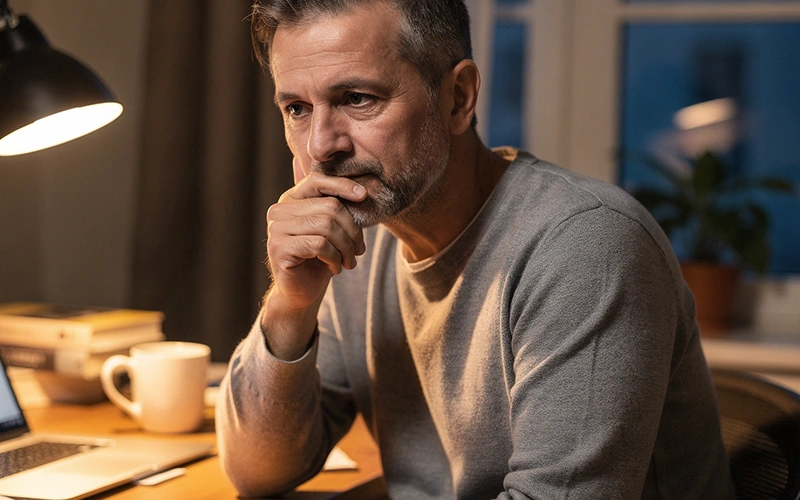 Nachdenklicher Mann analysiert seine Wettentscheidungen