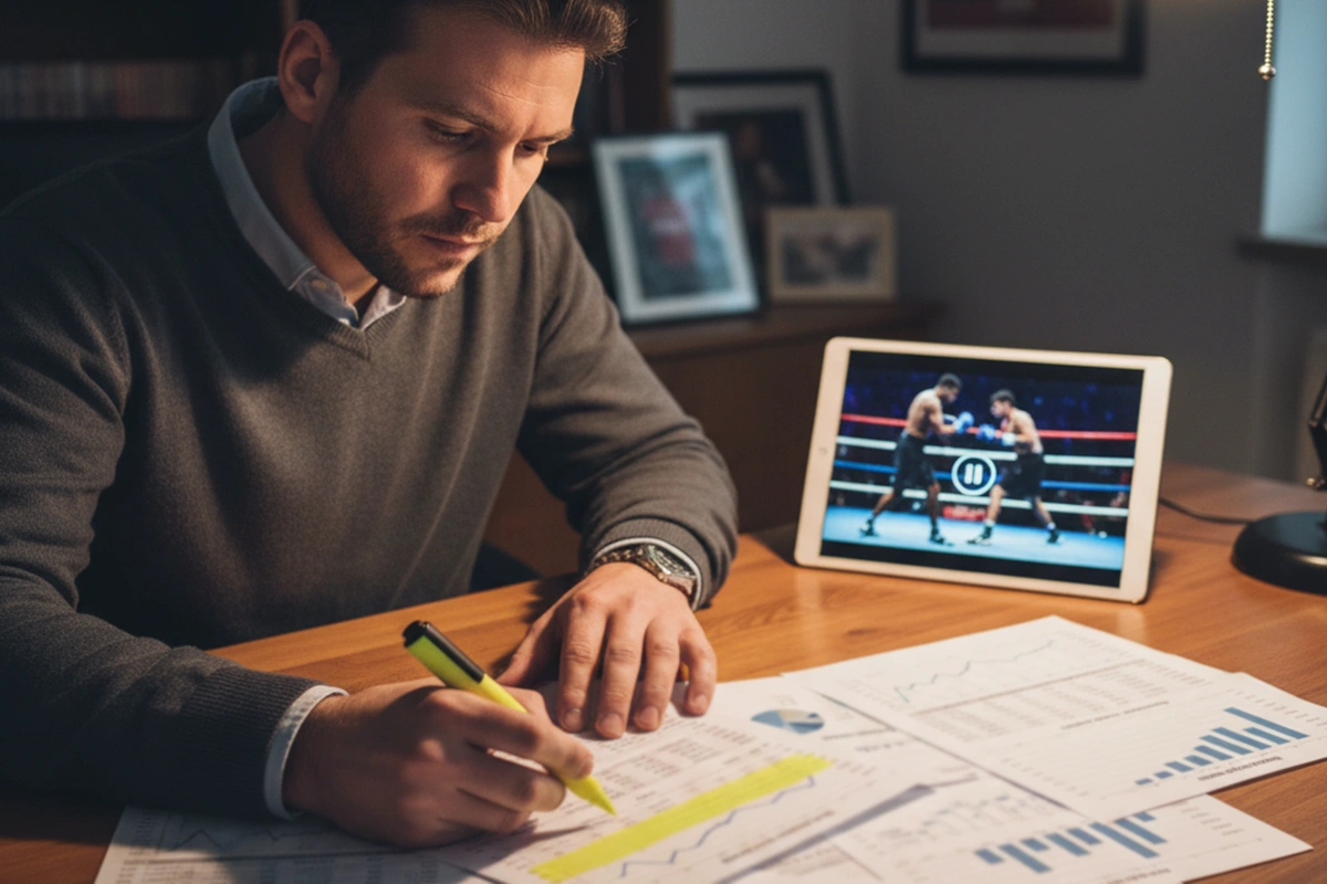 Sportanalyst plant Boxwetten-Strategie mit Statistiken und Notizbuch