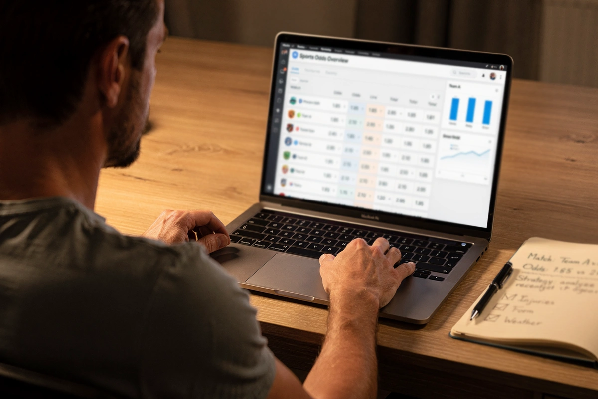 Person analysiert Boxwetten-Quoten verschiedener Anbieter am Laptop