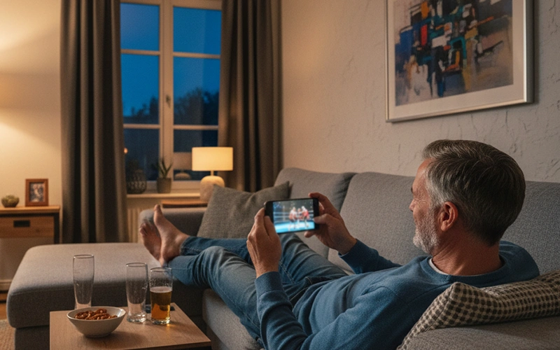 Zufriedener Boxfan verfolgt Kampf auf dem Smartphone